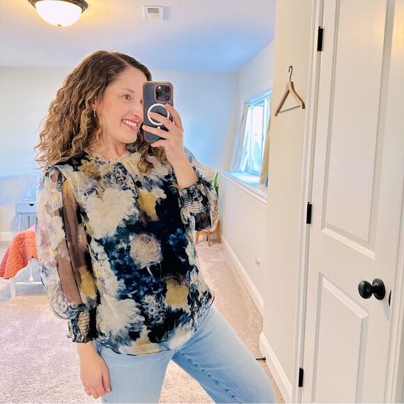 Revolve Amanda Uprichard Blue Floral Printed Blouse Top Large - Picture 1 of 13